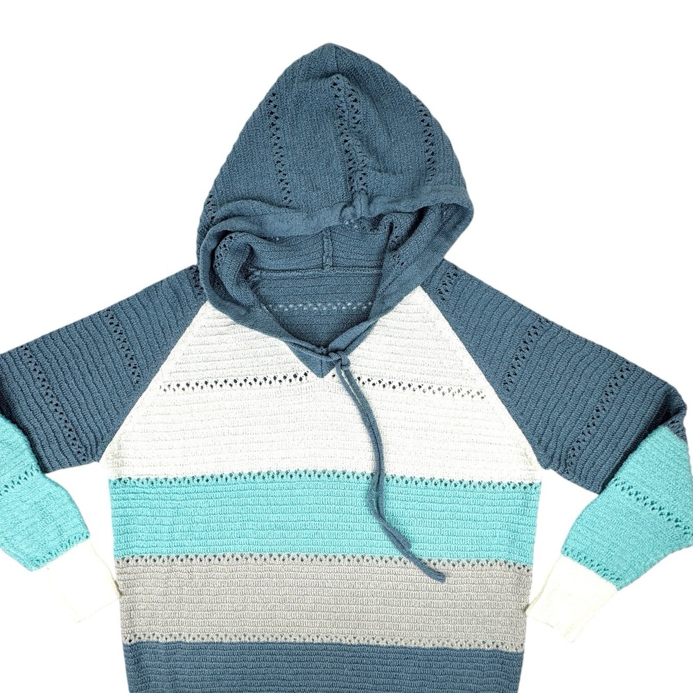 Women's Lightweight Color Block Hooded Sweater Large Knit Eyelet Pullover Soft - Picture 5 of 16